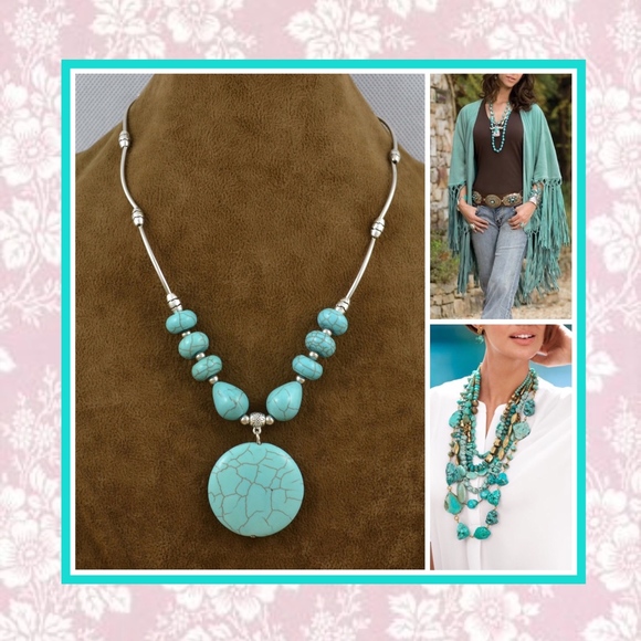 🌸 CIRCLE TURQUOISE TEAL SILVER BEAD NECKLACE BOHO - Picture 1 of 7